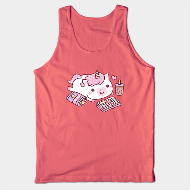 Cute Unicorn Chilling With Manga Chips And Boba Tea Tank Top by rustydoodle